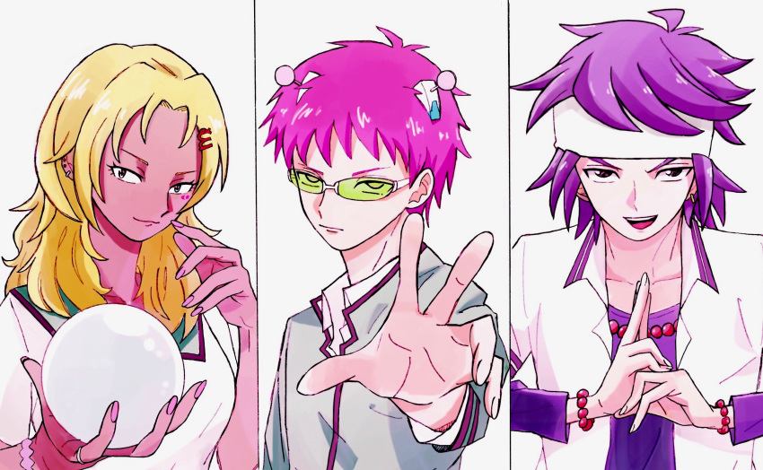 2boys aiura_mikoto bead_bracelet beads blonde_hair bracelet crystal_ball dark_skin ear_piercing earrings female glasses gyaru hair_ornament hairclip hand_up headband highres jewelry long_hair looking_at_viewer multiple_boys outstretched_hand own_hands_together piercing pink_hair pose purple_hair ring saiki_kusuo saiki_kusuo_no_psi_nan school_uniform shirt short_hair short_sleeves simple_background tinted_eyewear tkys toritsuka_reita upper_body white_background white_headband white_shirt