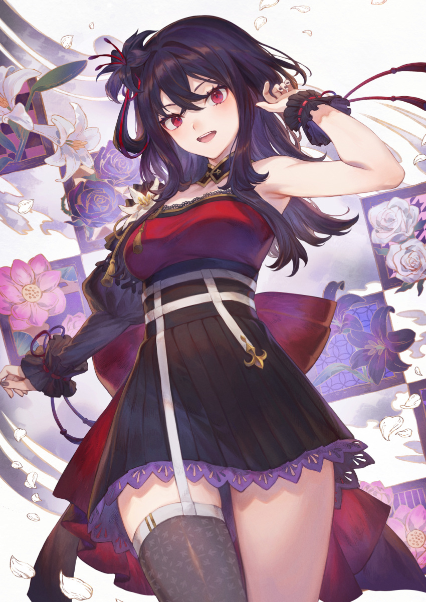 :d arm_at_side arm_up black_flower black_hair black_nails black_skirt black_thighhighs breasts commentary_request cowboy_shot falling_petals female flower garter_straps hair_between_eyes hair_flower hair_ornament hair_ribbon hand_up high-waist_skirt highres indie_virtual_youtuber juliet_sleeves kurosaki_yuria lily_(flower) long_sleeves looking_at_viewer lotus lotus_pod mashuu_(neko_no_oyashiro) medium_breasts nail_polish open_mouth petals pink_flower puffy_sleeves purple_flower purple_rose red_eyes red_ribbon ribbon rose sidelocks single_sleeve single_thighhigh skirt smile solo tassel teeth thighhighs upper_teeth_only virtual_youtuber white_flower white_lily white_rose wrist_cuffs