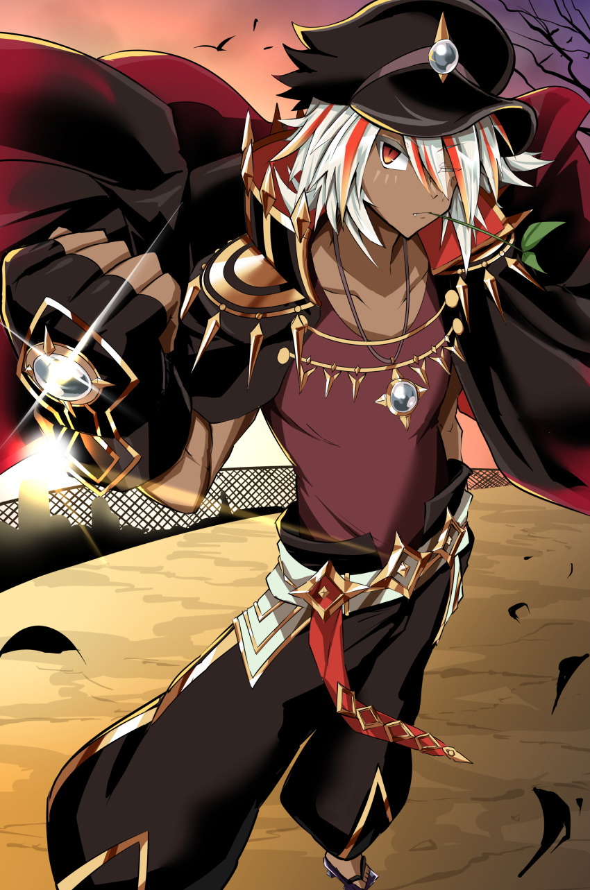 1boy absurdres albaz_(yu-gi-oh!) banchou black_hat clenched_hand dark_skin delinquent duel_monster fallen_of_albaz fingerless_gloves foreshortening gem gloves hat highres jacket jacket_on_shoulders jewelry male_focus mouth_hold multicolored_hair necklace one_eye_closed pants red_hair scar scar_across_eye school_uniform shirt solo stalk_in_mouth streaked_hair synchroman t-shirt two-tone_hair white_hair yu-gi-oh!