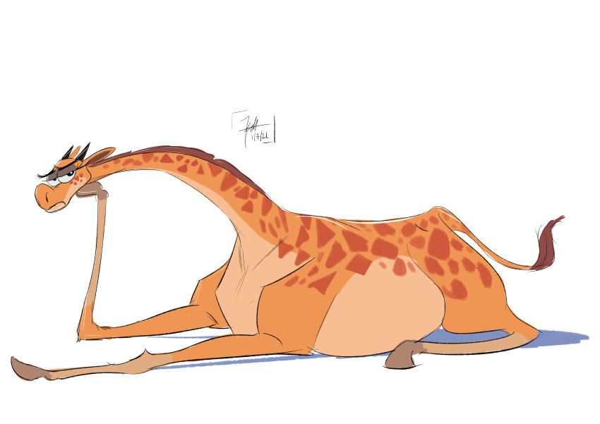 2021 absurd_res animal_print belly big_belly female feral frown fur giraffe giraffe_print giraffid hashira_the_giraffe hi_res hooves horn looking_at_viewer lying mammal on_front orange_body orange_fur ossicone overweight overweight_female signature solo tail windspan