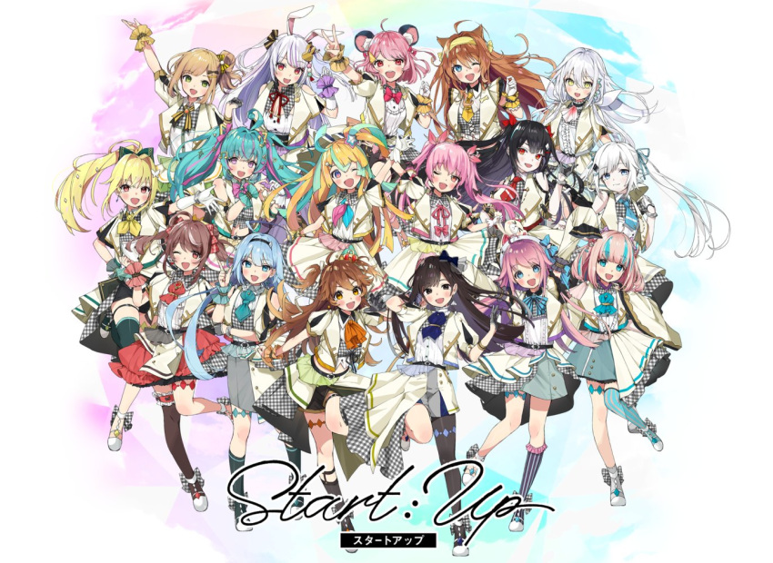 6+girls ahoge amakawa_hano animal_ear_fluff animal_ears annotated aqua_ascot aqua_bow aqua_bowtie aqua_hair aqua_neckerchief aqua_necktie arm_up ascot beamed_eighth_notes belt black_belt black_hair black_ribbon black_socks black_thighhighs blonde_hair blue_ascot blue_eyes blue_hair bow bowtie bridal_garter brooch brown_hair cartoon_bone cat_ears commentary_request crown diagonal-striped_clothes diagonal-striped_necktie everyone gem gradient_ascot green_bow green_eyes grey_skirt group_picture hair_between_eyes hair_ornament hairband hairbow hanabasami_kyou hand_up hat hat_bow hekina_ail himekuma_ribon idenshi_hina idol_clothes inuki_matoi inumochi_tirol izumo_meguru jewelry kazami_mikan kneehighs koto_miyuri kurone_yomi lapel_pin long_hair looking_at_viewer marumochi_tsukimi mini_crown mizugame_mia mouse_ears multicolored_ascot multicolored_background multicolored_clothes multicolored_hair multicolored_skirt multiple_girls musical_note musical_note_hair_ornament navel neck_ribbon neckerchief necktie official_alternate_costume official_art one_eye_closed open_mouth orange_ascot orange_hair orange_ribbon pink_ascot pink_hair pink_neckerchief pink_ribbon plaid plaid_skirt pointing pointing_up purple_eyes qualia_qu rabbit_ears re:act red_ascot red_eyes red_gemstone red_necktie red_ribbon red_skirt ribbon second-party_source shirane_yuki shishigami_leona short_hair short_sleeves single_thighhigh skirt socks striped_clothes striped_socks thigh_strap thighhighs two-tone_hair two-tone_neckerchief two-tone_ribbon usami_yuno v vertical-striped_clothes vertical-striped_socks virtual_youtuber white_ascot white_background white_footwear white_hair white_hat yellow_eyes yellow_hairband yellow_neckerchief yellow_necktie yellow_ribbon yumekawa_kanau