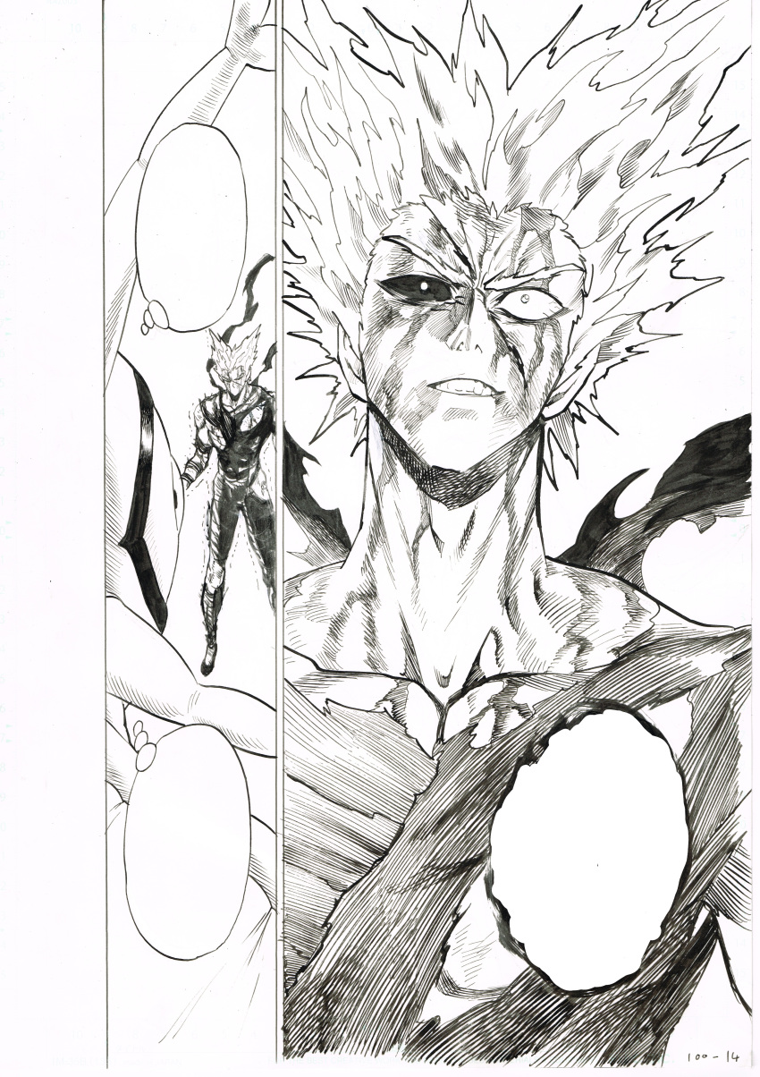 1boy absurdres blood blood_on_face bodysuit garou_(one-punch_man) greyscale grin gyorogyoro highres mismatched_sclera monochrome murata_yuusuke numbered official_art one-punch_man scan scar scar_on_face smile torn_bodysuit torn_clothes traditional_media