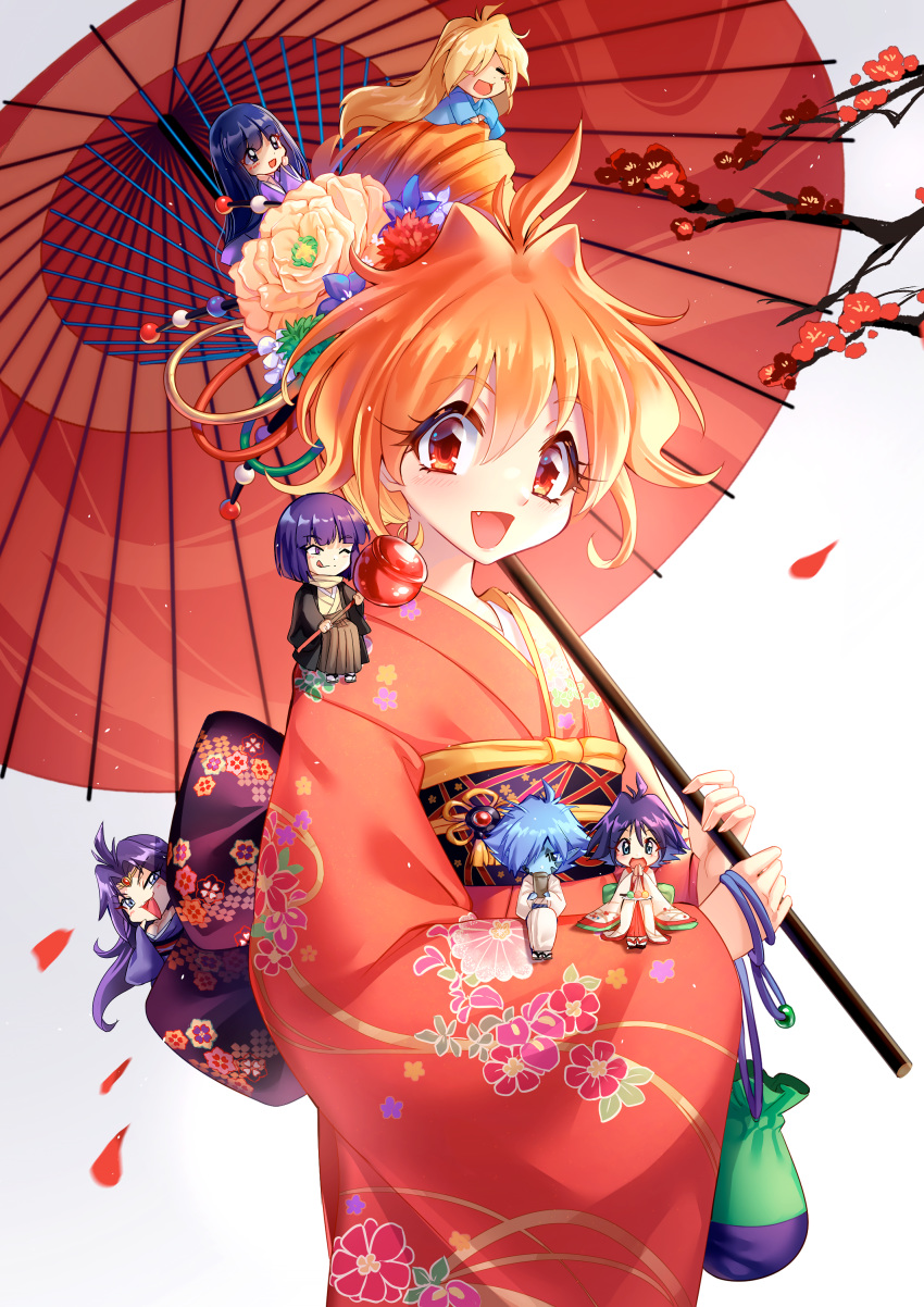 3boys 4girls absurdres alternate_costume amelia_wil_tesla_seyruun black_hair blonde_hair chibi commentary floral_print flower gloves gourry_gabriev green_eyes hair_flower hair_ornament highres holding holding_umbrella japanese_clothes jewelry kimono lalazyt lina_inverse long_hair long_sleeves looking_at_viewer multiple_boys multiple_girls naga_the_serpent obi oerba_yun_fang oil-paper_umbrella open_mouth orange_hair red_eyes sash short_hair slayers smile solo_focus sylphiel_nels_lahda umbrella wide_sleeves xelloss zelgadiss_graywords