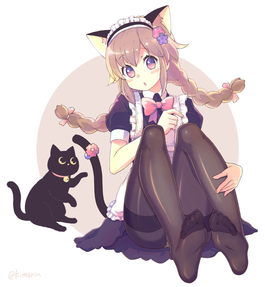 animal_ears black_pantyhose cat_ears female highres kimarin maid no_shoes original panties panties_under_pantyhose pantyhose solo underwear white_background