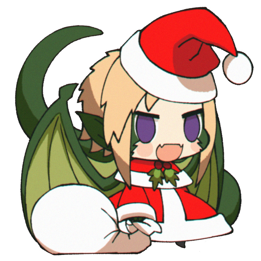 :d blonde_hair blush_stickers chibi christmas commentary draco_(monster_musume) dragon_girl dragon_tail dragon_wings english_commentary fangs female hat highres loen long_sleeves meme monster_girl monster_musume_no_iru_nichijou open_mouth padoru_(meme) purple_eyes red_hat sack santa_costume santa_hat short_hair skin_fangs smile solo standing tail transparent_background wings