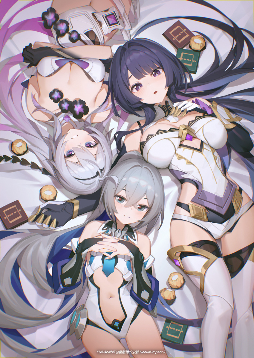 absurdres ahoge armor bare_shoulders bilibili_xiaolu black_gloves blue_eyes blue_hair blush bow breasts bronya_zaychik bronya_zaychik_(herrscher_of_truth) cleavage closed_mouth clothing_cutout commentary_request dress drill_hair ferrero_rocher gloves grey_eyes grey_hair hair_between_eyes hair_ornament hairbow high_ponytail highres honkai_(series) honkai_impact_3rd jewelry kiana_kaslana kiana_kaslana_(herrscher_of_finality) large_breasts long_hair looking_at_viewer lying medium_breasts multicolored_hair multiple_girls navel on_back open_mouth ponytail purple_eyes purple_hair raiden_mei raiden_mei_(herrscher_of_origin) sidelocks small_breasts smile stomach_cutout thighhighs very_long_hair white_dress white_hair white_thighhighs