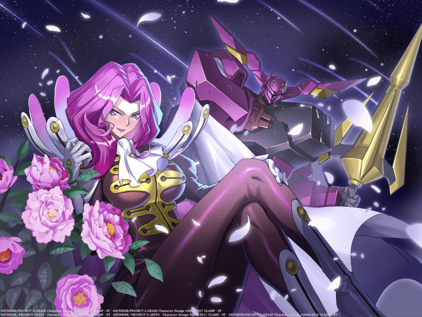 artist_request ascot black_pantyhose breasts cape code_geass code_geass:_genesic_re;code cornelia_li_britannia crossed_legs feathers female flower gloucester_(code_geass) gloves grey_gloves hand_on_own_leg head_tilt holding holding_polearm holding_weapon jacket juliet_sleeves knightmare_frame lance large_breasts leaf long_hair long_sleeves looking_at_viewer mecha official_art pantyhose parted_bangs pink_flower polearm puffy_sleeves purple_jacket purple_lips robot science_fiction smile solo_focus weapon white_ascot white_cape