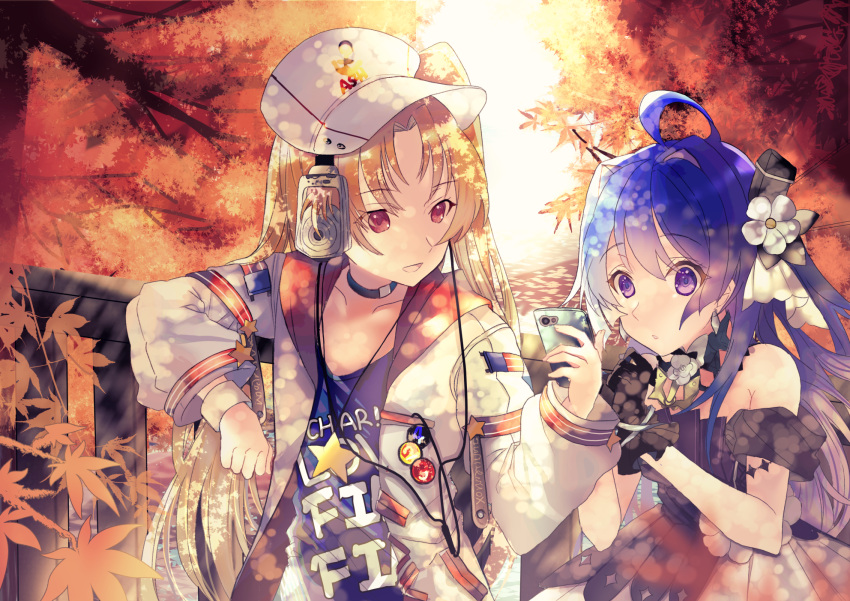 2girls ahoge autumn autumn_leaves azur_lane bad_id bad_pixiv_id bare_shoulders black_choker black_gloves blue_dress blue_hair blue_shirt cellphone choker cleveland_(azur_lane) cleveland_(road_trip!)_(azur_lane) detached_collar dress flower gloves hair_flower hair_ornament hat headphones helena_(azur_lane) helena_(may_i_have_this_dance?)_(azur_lane) highres holding holding_phone jacket long_hair multiple_girls official_alternate_costume orange_hair peaked_cap phone purple_eyes red_eyes shibaebi_(yasaip_game) shirt sleeveless sleeveless_dress smartphone strapless strapless_dress white_flower white_headwear white_jacket