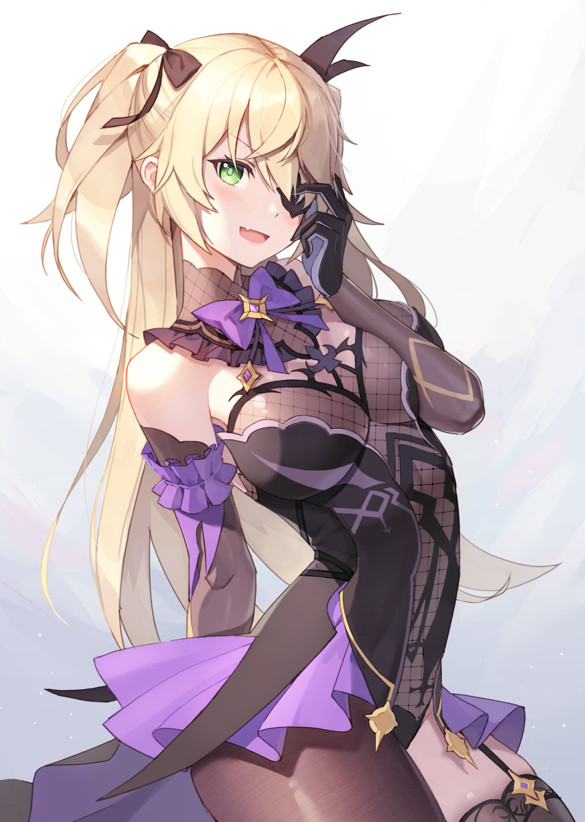 absurdres bare_shoulders black_thighhighs blonde_hair breasts cha_hou elbow_gloves eyepatch female fischl_(genshin_impact) frills garter_straps genshin_impact gloves green_eyes highres large_breasts long_hair looking_at_viewer open_mouth revision see-through smile solo thighhighs two_side_up