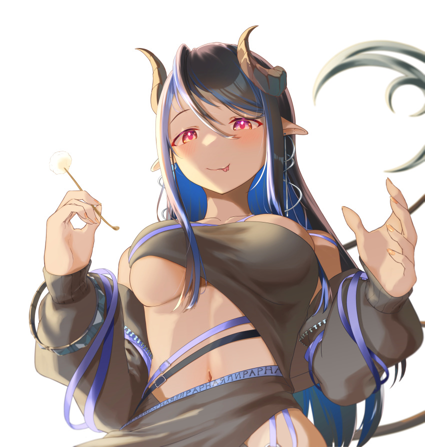 :q absurdres bandeau belt black_bandeau black_belt black_hair black_jacket black_skirt blue_belt blue_hair blue_mountain_(user_aesh3827) blush breasts chest_belt closed_mouth commentary_request couch demon_girl demon_horns demon_tail female forked_tongue grey_horns hair_between_eyes hebiyoi_tier hebiyoi_tier_(1st_costume) highres hip_vent horns jacket lap_pillow_invitation large_breasts long_hair long_sleeves looking_at_viewer mimikaki multicolored_hair nanashi_inc. navel off_shoulder open_clothes open_jacket pink_eyes pointy_ears sidelocks simple_background skirt smile solo sugar_lyric tail tongue tongue_out transparent_background two-tone_hair underboob upper_body virtual_youtuber