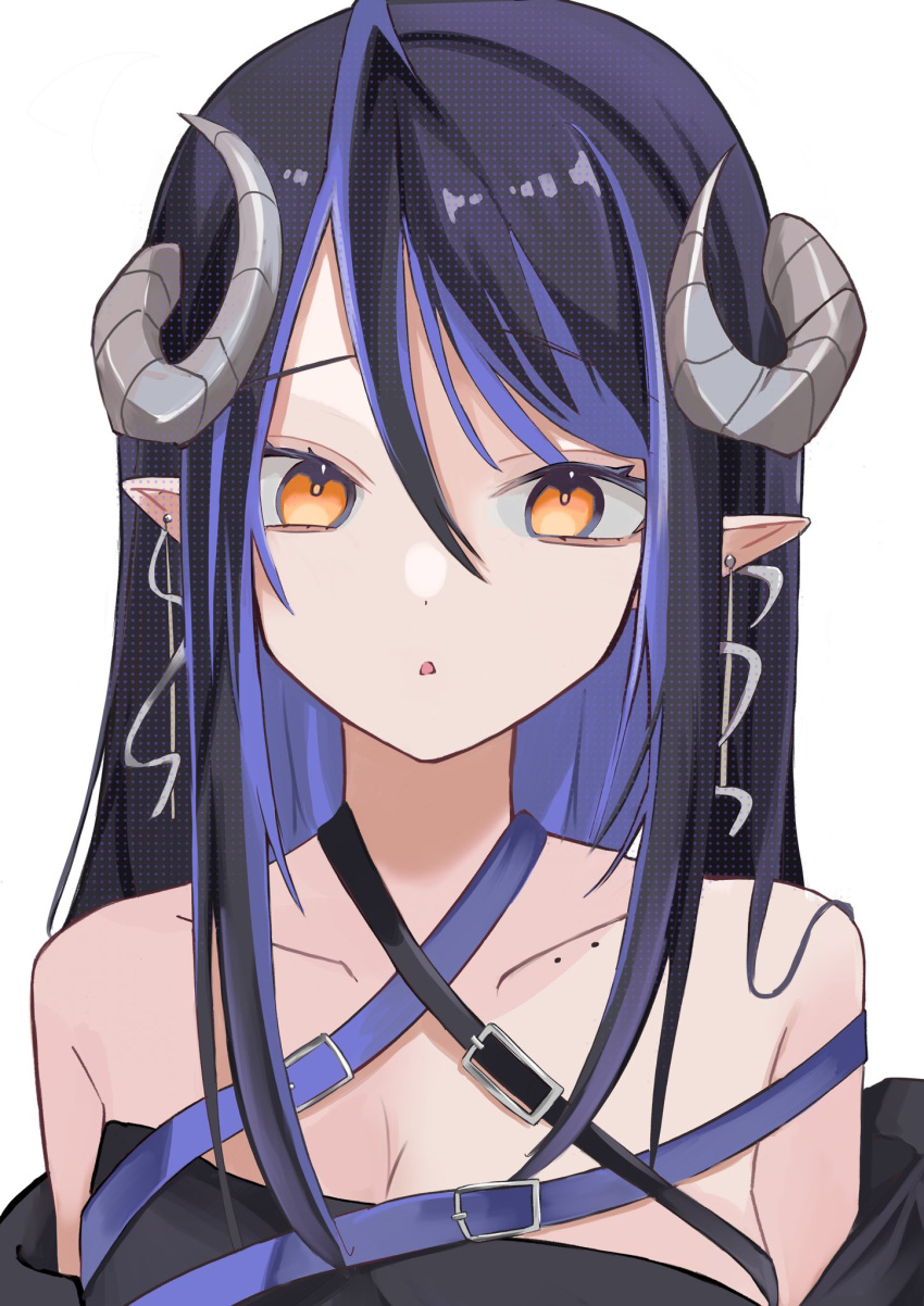 :o bandeau belt black_bandeau black_belt black_hair blue_belt blue_hair breasts brown_eyes chest_belt cleavage collarbone commentary curled_horns demon_girl demon_horns female grey_horns hair_between_eyes hebiyoi_tier hebiyoi_tier_(1st_costume) highres horns large_breasts long_hair looking_at_viewer multicolored_hair nanashi_inc. off_shoulder open_mouth pointy_ears sidelocks simple_background snake_bite solo sugar_lyric two-tone_hair upper_body virtual_youtuber white_background yuru._(m29125567)