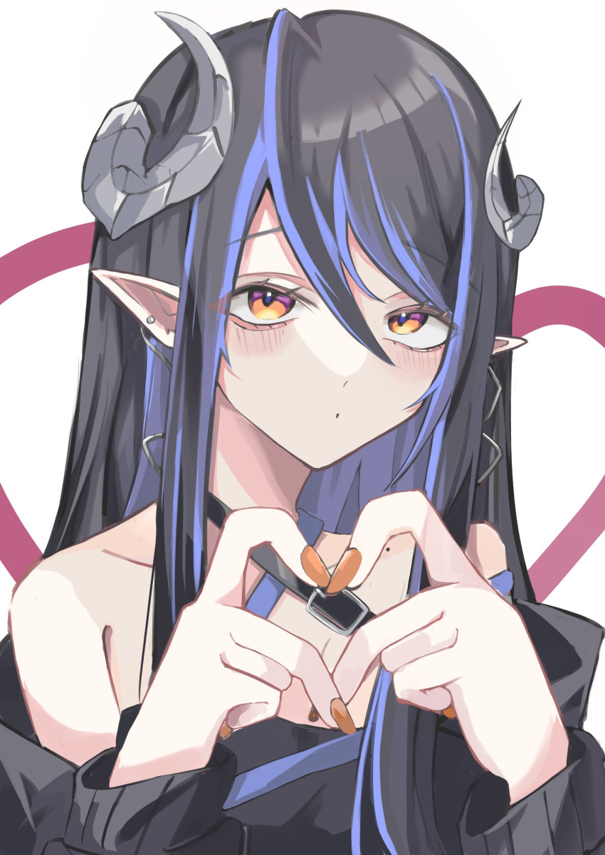 bandeau belt black_bandeau black_belt black_hair black_jacket blue_belt blue_hair blush brown_eyes brown_nails chest_belt collarbone commentary curled_horns demon_girl demon_horns female fingernails grey_horns hair_between_eyes heart heart_hands hebiyoi_tier hebiyoi_tier_(1st_costume) highres horns jacket long_hair long_sleeves looking_at_viewer mole mole_on_neck multicolored_hair nail_polish nanashi_inc. off_shoulder pointy_ears sidelocks solo sugar_lyric two-tone_hair upper_body virtual_youtuber yuru._(m29125567)