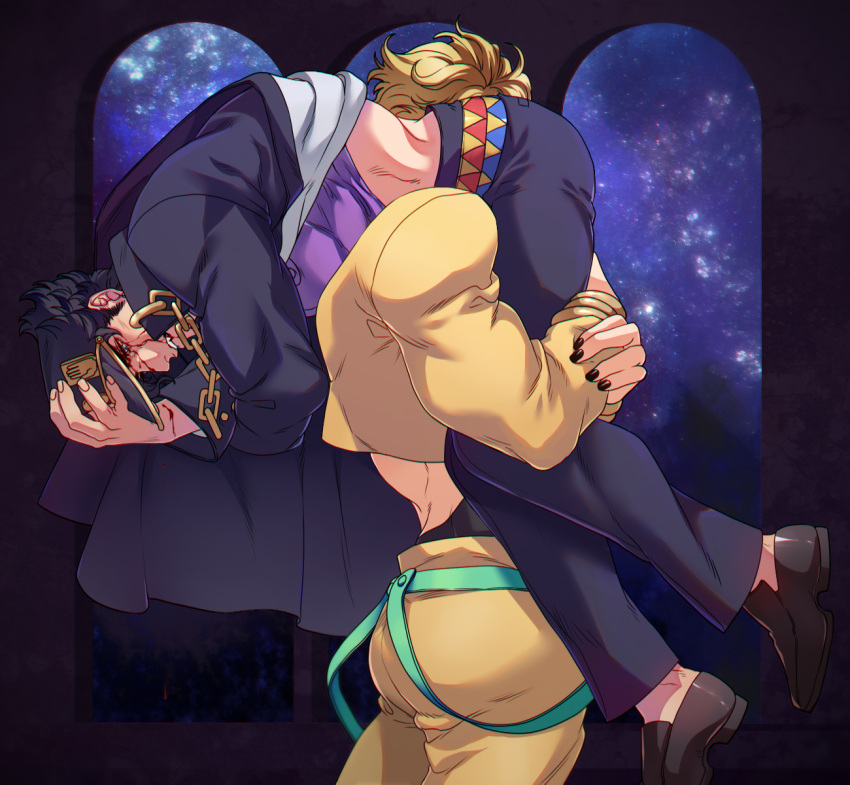 2boys black_hair blonde_hair blood blood_on_face blue_eyes carrying chains cropped_jacket dio_brando fireman's_carry gakuran hat highres jacket jojo_no_kimyou_na_bouken kujo_jotaro less_end male_focus multiple_boys school_uniform stardust_crusaders yellow_jacket