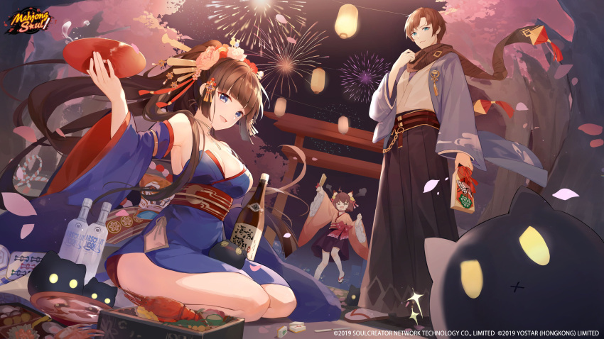 >o< 1boy 2girls absurdres alcohol angry animal_ears artist_request blue_eyes bottle branch breasts brown_hair cat_ears copyright_notice corked_bottle dutch_angle firework_background fireworks flower food green_eyes hair_flower hair_ornament hairpin highres ichihime japanese_clothes lantern leaf lobster mahjong mahjong_soul mahjong_tile medium_breasts multiple_girls nadeshiko_(mahjong_soul) obi open_mouth paper_lantern petals sake sake_bottle sandals sash scarf shinomiya_natsuki_(mahjong_soul) steam_from_ears tenbou torii tree vodka