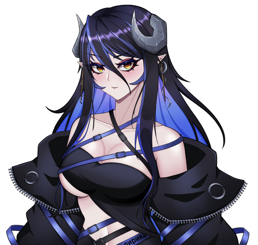 bandeau belt black_bandeau black_belt black_hair black_jacket black_skirt blue_belt blue_hair blush breasts brown_eyes chest_belt cleavage closed_mouth collarbone commentary curled_horns demon_girl demon_horns earrings english_commentary female grey_horns hair_between_eyes hebiyoi_tier hebiyoi_tier_(1st_costume) horns jacket jewelry large_breasts long_hair long_sleeves looking_at_viewer multicolored_hair nanashi_inc. navel off_shoulder open_clothes open_jacket pendramon pointy_ears sidelocks simple_background skirt solo sugar_lyric two-tone_hair underboob upper_body v-shaped_eyebrows virtual_youtuber white_background