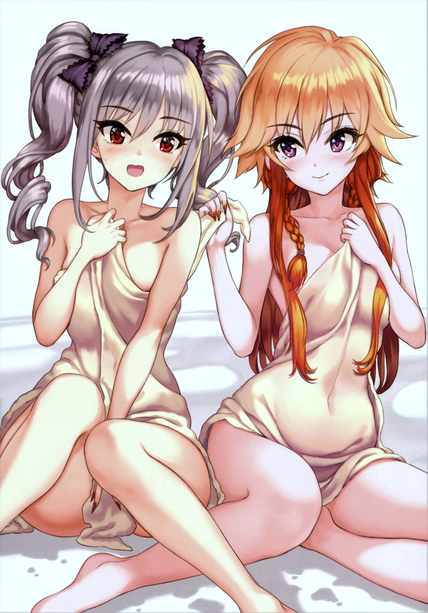 2girls absurdres bare_shoulders barefoot blush bow braid breasts collarbone drill_hair fingernails grey_hair hair_between_eyes hairbow hamahama highres idolmaster idolmaster_cinderella_girls kanzaki_ranko long_hair looking_at_another medium_breasts multiple_girls nail_polish naked_towel ninomiya_asuka open_mouth orange_hair purple_eyes red_eyes scan sharp_fingernails sitting smile towel twin_braids twin_drills twintails