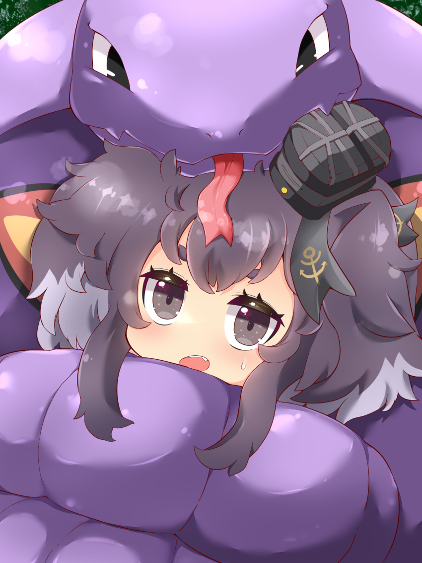 anchor_symbol arbok black_eyes black_hair blush commentary_request commission constriction crossover female grey_eyes grey_hair hair_between_eyes highres kantai_collection multicolored_hair muuba oerba_yun_fang open_mouth pokemon pokemon_(creature) short_hair_with_long_locks skeb_commission sweat tokitsukaze_(kancolle) upper_body