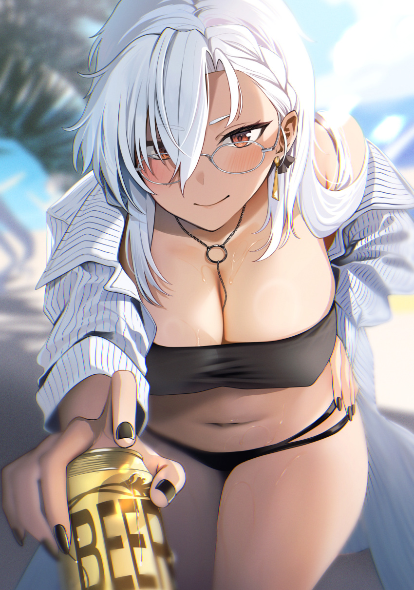 alcohol beer beer_can black_nails breasts can dark-skinned_female dark_skin drink_can female glasses hair_behind_ear highres jewelry kantai_collection large_breasts long_hair musashi_(kancolle) nail_polish necklace outdoors red_eyes shirt smile solo striped_clothes striped_shirt tsurime white-framed_eyewear yunamaro