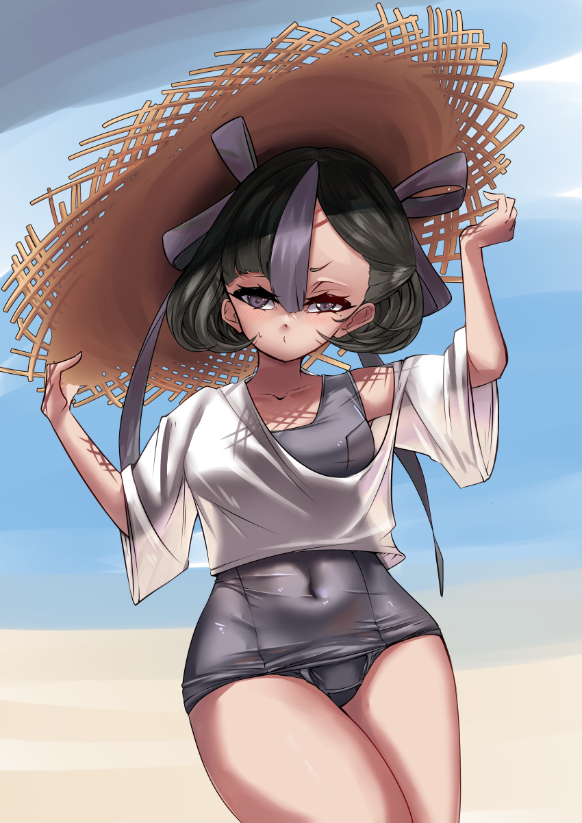 absurdres arm_up beach big_head black_hair blue_sky blush breasts collarbone commentary_request dot_nose eyelashes female forehead goddess_of_victory:_nikke hair_between_eyes hair_ribbon hat highres large_forehead large_hat linea_alba lulicoshi medium_hair mole mole_under_eye multicolored_hair one-piece_swimsuit outdoors parted_bangs petite purple_ribbon ribbon sand shaded_face short_eyebrows sky small_breasts solo straw_hat streaked_hair sweat swimsuit syuen_(nikke) thick_eyelashes thighs