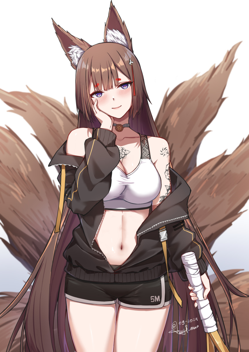 absurdres amagi_(azur_lane) animal_ear_fluff animal_ears arm_tattoo as4gi azur_lane baseball_bat black_buruma black_jacket blush breasts brown_hair brown_tail buruma chest_tattoo choker commission crop_top female fox_ears fox_girl fox_tail highres holding holding_baseball_bat jacket kitsune large_breasts long_hair looking_at_viewer multiple_tails navel pixiv_commission purple_eyes smile tail tattoo thick_eyebrows white_background