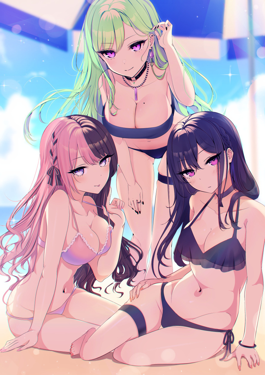 3girls absurdres adjusting_hair bead_necklace beads bikini black_bikini black_choker black_hair black_nails bracelet braid breasts choker frilled_bikini frills green_hair hair_ribbon highres ichinose_uruha iris_black_games jewelry kiiro_(cocoa080) large_breasts leaning_forward long_hair looking_at_viewer lupinus_virtual_games medium_breasts mole mole_on_breast multicolored_hair multiple_girls nail_polish navel necklace ocean parasol pink_bikini pink_hair purple_eyes ribbon ring see-through_bikini side-tie_bikini_bottom split-color_hair strap_lift strapless strapless_bikini swimsuit tachibana_hinano_(vtuber) thigh_strap tube_top two-tone_hair umbrella very_long_hair virtual_youtuber vspo! yakumo_beni