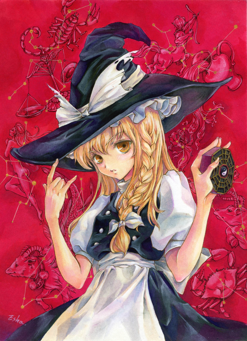 absurdres apron back_bow black_hat black_skirt black_vest blonde_hair bow braid closed_mouth cowboy_shot esha female hat hat_bow highres holding kirisame_marisa large_bow looking_at_viewer medium_hair mini-hakkero painting_(medium) puffy_short_sleeves puffy_sleeves red_background shirt short_sleeves simple_background single_braid skirt solo touhou traditional_media vest waist_apron watercolor_(medium) white_apron white_bow white_shirt witch_hat yellow_eyes