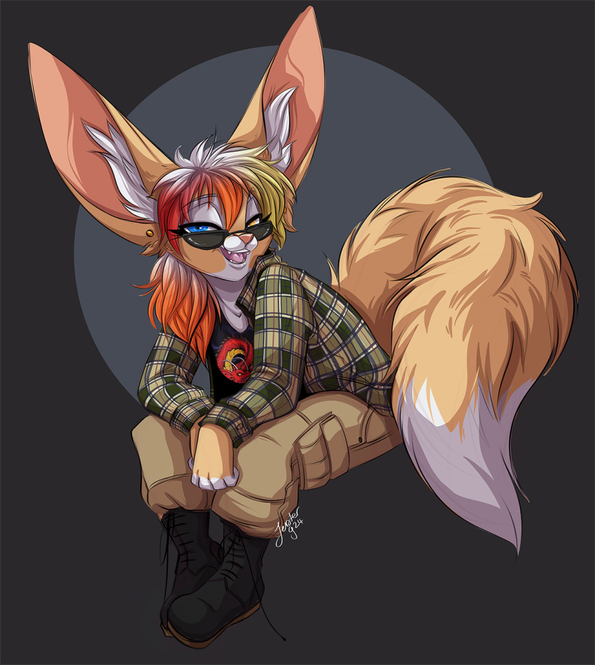 anthro blue_eyes boots bottomwear brown_body brown_fur cargo_pants clothing dipstick_tail eyewear female flannel footwear fur grunge heterochromia hi_res jesterghastly markings pants rose_dandy-ba shoes solo sunglasses tail tail_markings white_body white_fur yellow_eyes