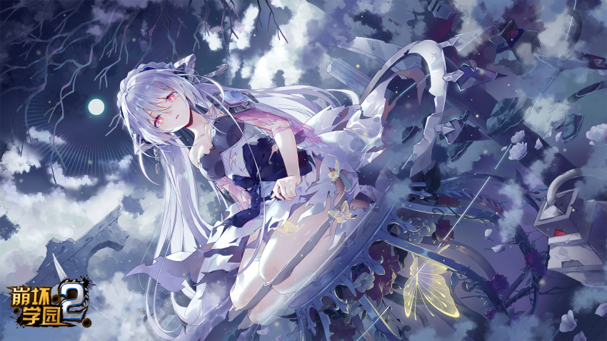 barefoot benghuai_xueyuan blue_hair breasts broken_pillar bug butterfly cleavage cloud copyright_name different_reflection dress ella_(benghuai_xueyuan) female flower full_moon hair_between_eyes highres honkai_(series) logo long_hair mole mole_under_eye moon official_art parted_lips pink_eyes purple_flower reflection single_bare_shoulder sitting solo third-party_source torn_clothes wariza water