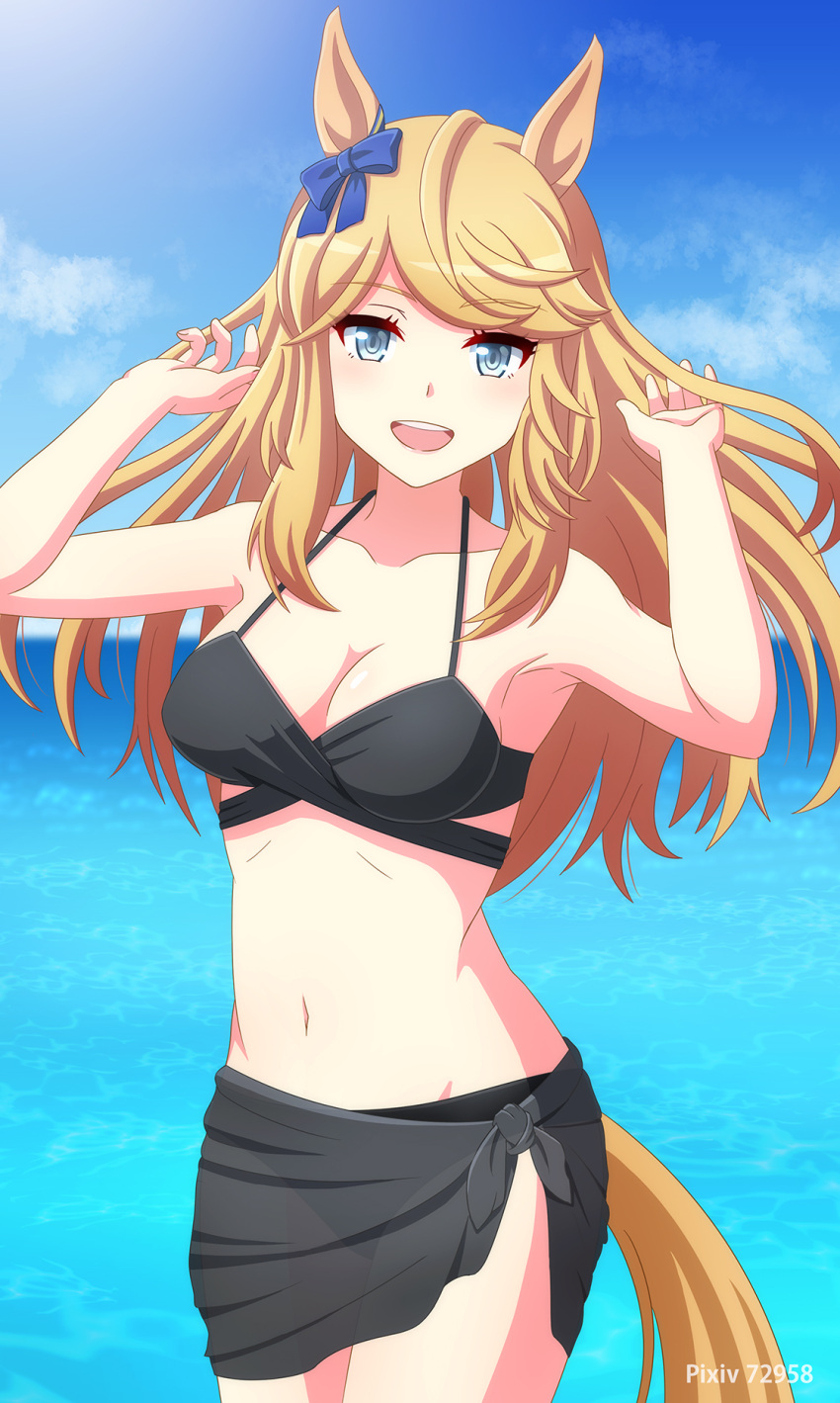 alternate_costume animal_ears bikini black_bikini blonde_hair blue_bow blue_eyes blue_sky blush bow breasts cleavage cloud cloudy_sky commentary_request day ear_bow female gold_city_(umamusume) highres horse_ears horse_girl horse_tail kasumi_uzuki looking_at_viewer navel ocean open_mouth outdoors sky smile solo stomach swimsuit tail umamusume water