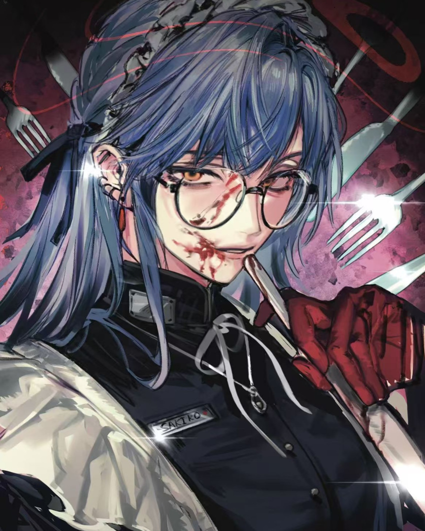 bang_dream! bang_dream!_it's_mygo!!!!! barbell_piercing black-framed_eyewear black_ribbon blood blood_on_face blood_on_knife blue_hair braid commentary ear_piercing earrings female glasses glint gloves hair_ribbon highres holding holding_knife industrial_piercing jewelry knife long_hair long_sleeves looking_at_viewer maid_headdress neck_ribbon necklace open_mouth piercing red_gloves ribbon semi-rimless_eyewear sidelocks siy_(shengxiu760722) solo togawa_sakiko under-rim_eyewear upper_body white_ribbon yellow_eyes