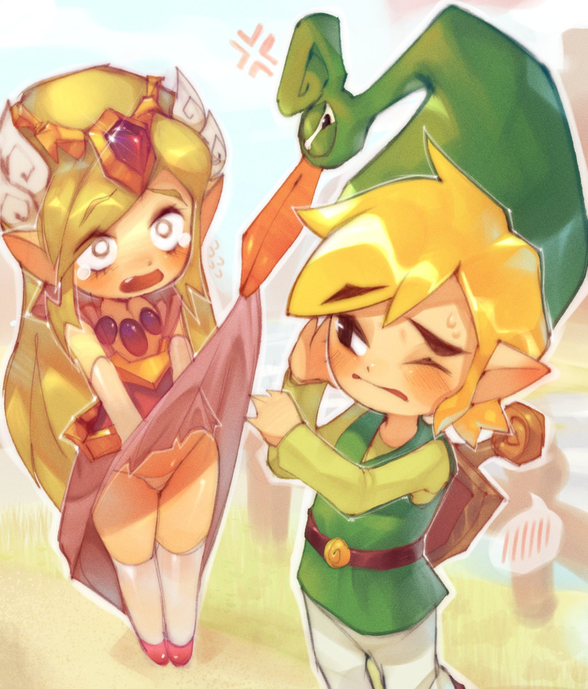 1boy anger_vein beak blonde_hair clothes_lift clothes_pull dress dress_lift dress_pull ezlo female flying_sweatdrops green_hat green_tunic hat highres link oerba_yun_fang onimiere panties pink_dress princess_zelda shield shield_on_back skirt skirt_lift spoken_blush sword sword_on_back tearing_up the_legend_of_zelda the_legend_of_zelda:_the_minish_cap tiara toon_link toon_zelda tunic underwear weapon weapon_on_back white_panties