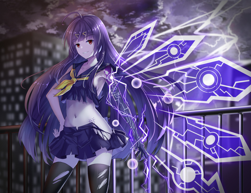 benghuai_xueyuan black_thighhighs breasts building cloud electricity energy_wings female hair_ornament hairclip honkai_(series) long_hair navel night open_mouth purple_hair purple_shirt purple_skirt raiden_mei raiden_mei_(herrscher_of_thunder) school_uniform shaoxiao shirt skirt smile solo tattoo thighhighs torn_clothes