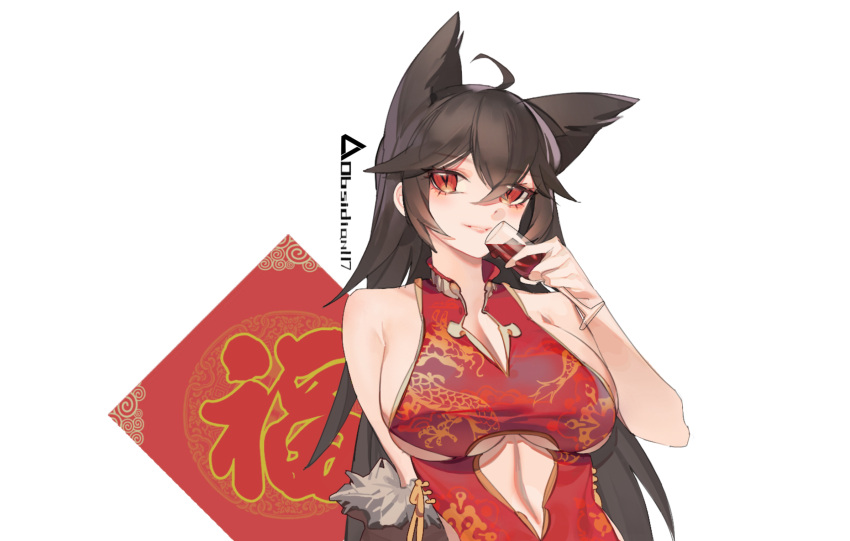 animal_ears bare_shoulders black_hair breasts champagne_flute china_dress chinese_clothes cleavage commentary cup dress drinking_glass english_commentary female grin hair_between_eyes highres large_breasts long_hair original red_eyes rosetta(obsidian117) simple_background sleeveless sleeveless_dress smile solo white_background