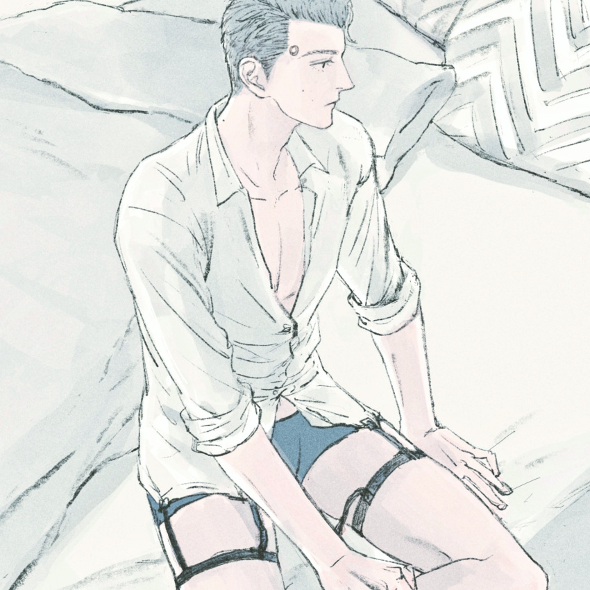 1boy bed black_male_underwear bridal_garter closed_mouth collarbone collared_shirt commentary_request connor_(detroit) detroit:_become_human feet_out_of_frame garter_straps highres looking_to_the_side male_focus male_underwear mi_(scissortropical) open_clothes open_shirt pectorals pillow shirt short_hair sitting sleeve_cuffs sleeves_rolled_up solo thigh_strap underwear white_shirt