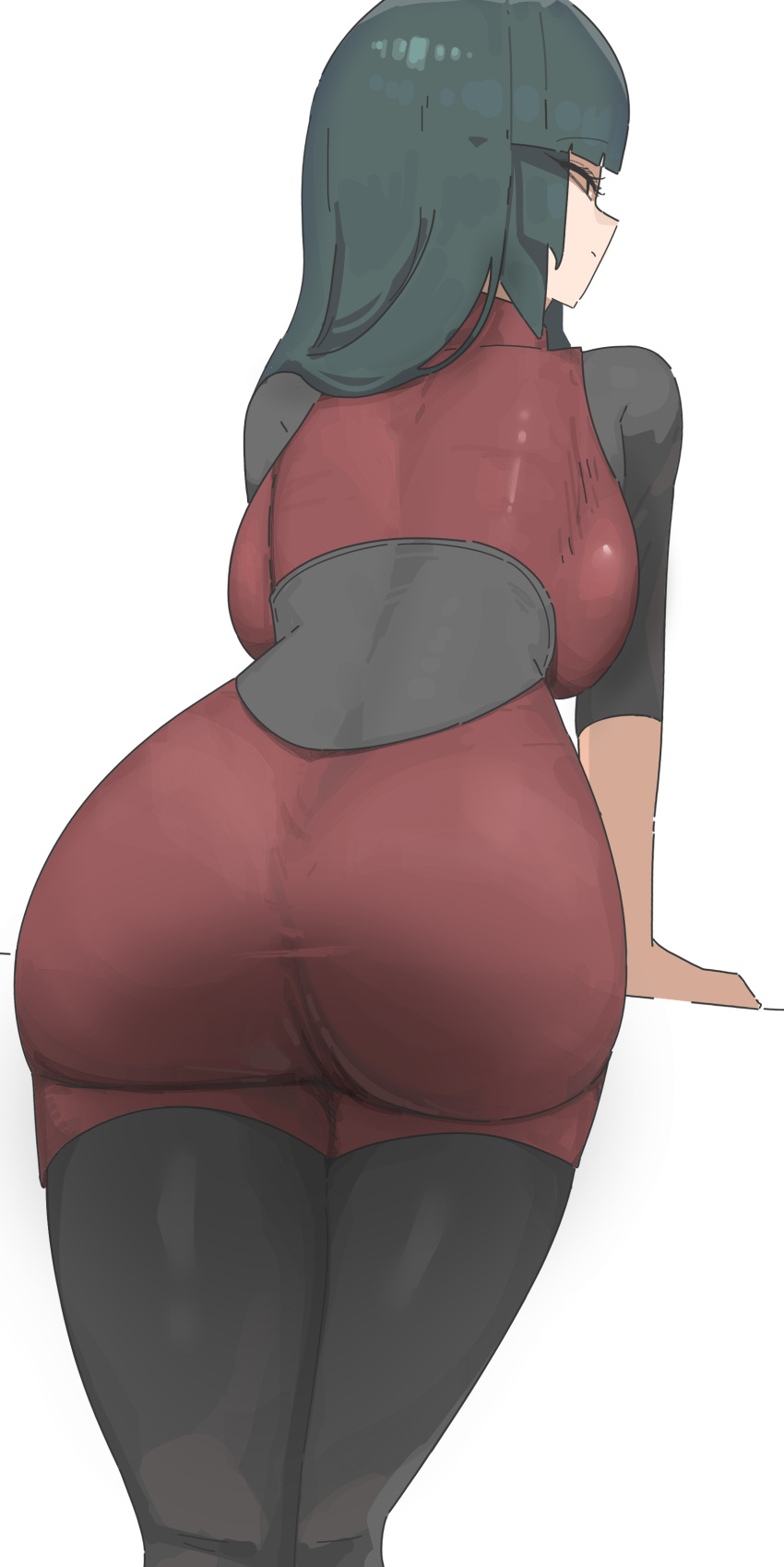 absurdres ass ass_focus azz0422 black_bodysuit black_sash blunt_bangs bodystocking bodysuit breasts crop_top female from_behind green_hair highres hime_cut large_breasts long_hair pencil_skirt pokemon pokemon_lgpe sabrina_(pokemon) sash skirt sleeves_past_elbows solo