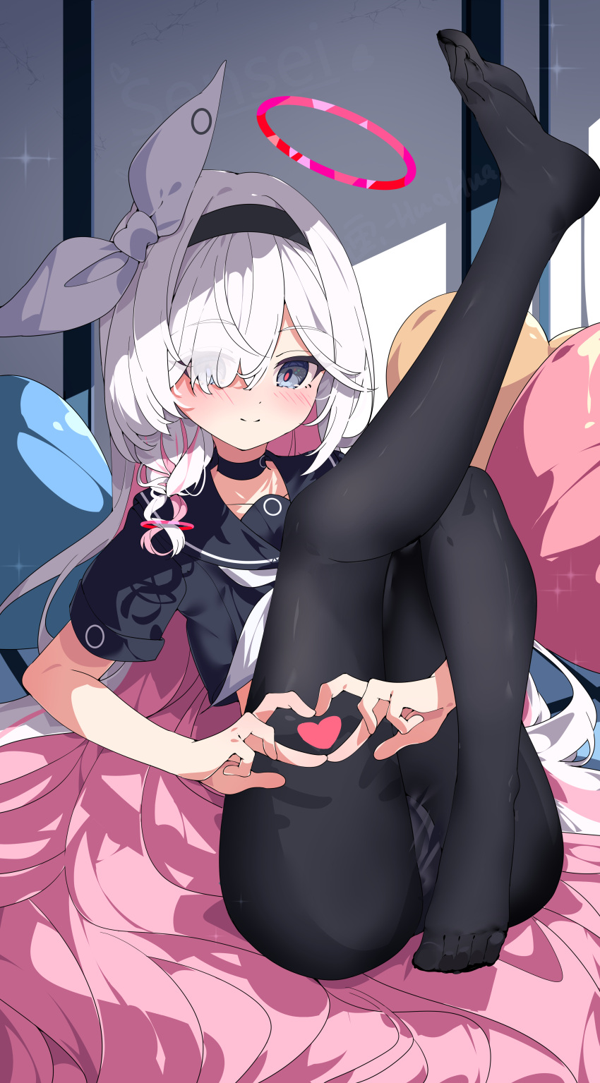 4-finger_heart_hands absurdres black_choker black_hairband black_pantyhose black_sailor_collar black_serafuku black_shirt blue_archive blush bow braid cameltoe chinese_commentary choker closed_mouth colored_inner_hair commentary eyes_visible_through_hair feet female full_body grey_eyes grey_hair hair_over_one_eye hairband hairbow halo happy heart heart_hands heart_in_heart_hands highres hua-huahua indoors knees_together_feet_apart legs legs_up long_hair looking_at_viewer multicolored_hair neckerchief no_shoes panties panties_under_pantyhose pantyhose pink_hair plana_(blue_archive) red_halo red_pupils sailor_collar school_uniform serafuku shirt short_sleeves single_braid sitting smile soles solo sparkle split_mouth thighs toes underwear very_long_hair white_bow white_neckerchief