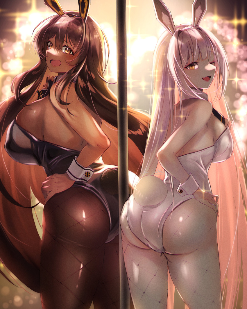 2girls 777_(nikke) absurdres animal_ears ascot ass black_ascot black_bow black_bowtie black_leotard black_pantyhose blanc_(nikke) blunt_bangs bow bowtie breasts brown_hair dark-skinned_female dark_skin detached_collar fake_animal_ears fake_tail fishnet_pantyhose fishnets from_behind fujisaki_subaru goddess_of_victory:_nikke hair_intakes highleg highleg_leotard highres large_breasts leotard long_hair looking_at_viewer medium_breasts multiple_girls noir_(nikke) non-web_source one_eye_closed open_mouth pantyhose playboy_bunny pole rabbit_ears rabbit_tail siblings sisters strapless strapless_leotard tail very_long_hair white_hair white_leotard wrist_cuffs yellow_eyes