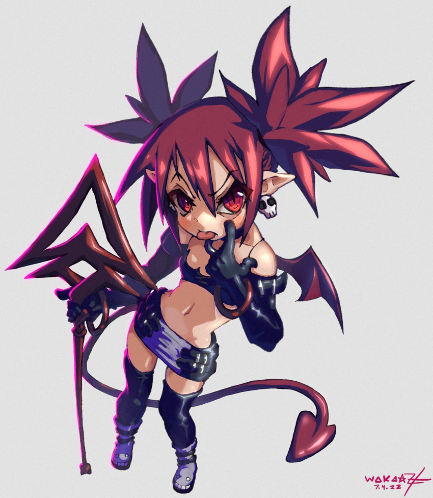 :p akanbe boots choker demon_girl demon_tail demon_wings disgaea elbow_gloves elder_spear etna_(disgaea) eyelid_pull female flat_chest full_body gloves highres looking_at_viewer miniskirt navel o-ring o-ring_choker pointy_ears red_eyes red_hair red_tail red_wings simple_background skirt solo tail thigh_boots tongue tongue_out wakazhi wings