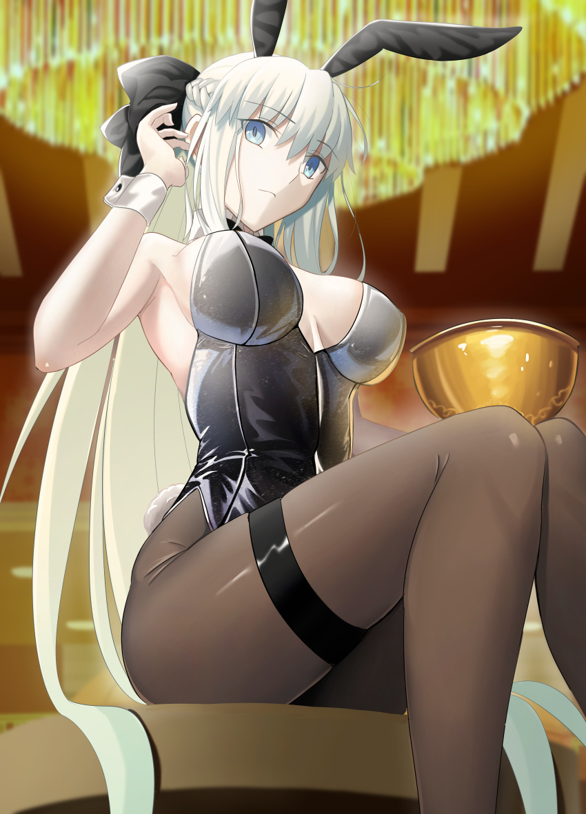 absurdres animal_ears black_bow black_leotard blue_eyes bow braid breasts brown_pantyhose chalice cleavage cup detached_collar fake_animal_ears fate/grand_order fate_(series) female grey_hair hairbow highres large_breasts leotard long_hair longdq3008 looking_at_viewer morgan_le_fay_(fate) pantyhose playboy_bunny ponytail rabbit_ears rabbit_tail sidelocks sitting solo tail thighs very_long_hair wrist_cuffs