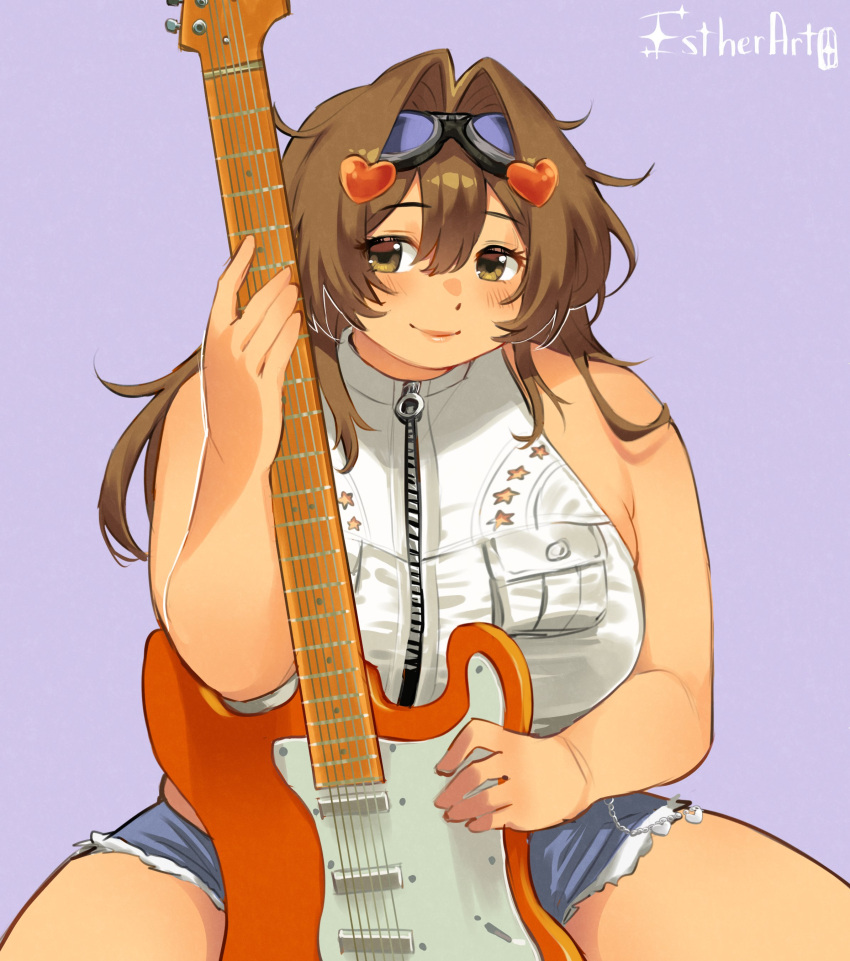 absurdres artist_name bass_guitar borrowed_character breast_pocket breasts brown_eyes brown_hair commentary_request denim denim_shorts english_commentary estherart0 female goggles goggles_on_head hair_intakes hair_ornament heart heart_hair_ornament highres instrument large_breasts long_hair looking_to_the_side nanaco_(hott0g111) original plump pocket purple_background shirt short_shorts shorts sleeveless sleeveless_shirt smile solo zipper