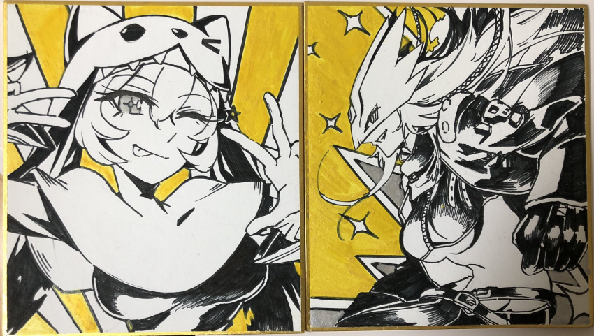 2girls breasts coat cropped_shirt digimon digimon_(creature) eye_mask highres jiyuuya large_breasts long_hair monochrome multiple_girls navel one_eye_closed photo_(medium) shikishi sistermon_noir third_eye tongue tongue_out traditional_media underboob yellow_background