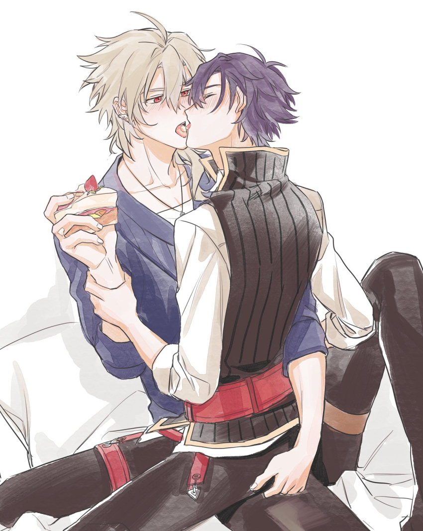 2boys belt black_pants blue_hair blue_sweater brown_belt cake cake_slice closed_eyes collared_shirt commentary_request couple crow_armbrust dark_blue_hair eiyuu_densetsu food french_kiss fruit highres holding holding_cake holding_food jewelry kissing layered_clothes leg_belt long_sleeves male_focus multiple_boys necklace open_mouth pants rean_schwarzer red_belt red_eyes rushkat_730 sen_no_kiseki_(series) sen_no_kiseki_i shirt simple_background sleeveless sleeveless_shirt strawberry sweater tongue tongue_out white_background white_hair white_shirt yaoi