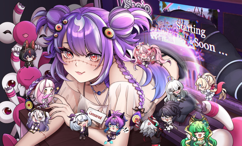 1boy 6+girls ahoge animal_ears antlers apricot_the_lich apricot_the_lich_(froot_2.0) bikini black_bikini black_hair deer_ears double_bun geega_(vtuber) geega_(vtuber)_(1st_costume) green_hair grey_eyes hair_bun halterneck henya_the_genius henya_the_genius_(1st_costume) highres hime_hajime hime_hajime_(1st_costume) horns ironmouse ironmouse_(13th_costume) jared_(michi_mochievee) looking_at_viewer matara_kan matara_kan_(1st_costume) medium_hair melody_(projektmelody) melody_(projektmelody)_(4th_costume) michi_mochievee michi_mochievee_(summer) misakii_art multicolored_hair multiple_girls oerba_yun_fang patchwork_skin purple_hair red_hair reindeer_antlers reindeer_girl see-through_clothes see-through_shirt shirt skin_fang smile streaked_hair swimsuit two_side_up virtual_youtuber vshojo white_hair white_shirt zentreya zentreya_(cyborg) zentreya_(cyborg)_(1st_costume)