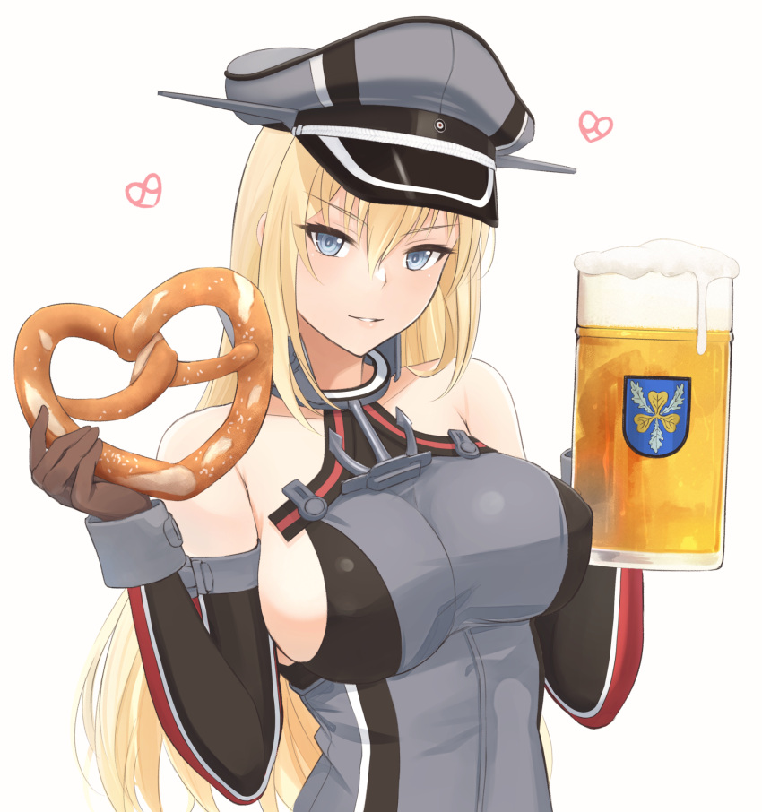 alcohol beer beer_mug bismarck_(kancolle) blonde_hair blue_eyes breasts brown_gloves cup dress elbow_gloves female food gloves grey_dress grey_hat hat highres kantai_collection large_breasts long_hair military_uniform mug odachu parted_bangs peaked_cap pretzel sideboob simple_background sleeveless sleeveless_dress smile solo upper_body white_background