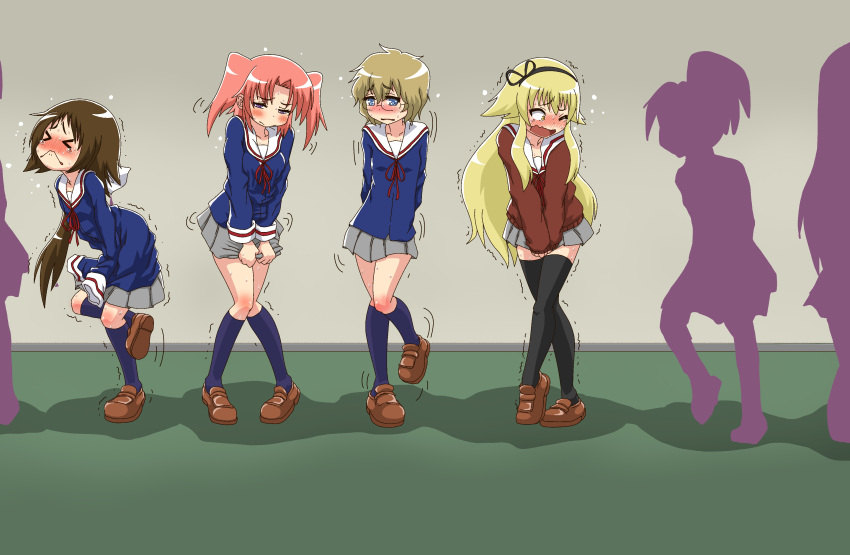 >_< 4girls :< absurdres ao_kurage arched_back arms_behind_back between_legs biting_own_lip black_hairband black_thighhighs blonde_hair blue_eyes blue_shirt blue_socks blush breasts brown_footwear brown_hair closed_eyes clothes_grab collarbone commentary_request constricted_pupils crossed_legs embarrassed flat_chest flying_sweatdrops full_body glasses grey_skirt hair_flaps hairband half-closed_eyes hand_between_legs have_to_pee heel_up highres indoors jaggy_lines kneehighs knees_together_feet_apart leg_up legs long_hair long_sleeves looking_at_viewer medium_hair mikakunin_de_shinkoukei miniskirt mitsumine_mashiro momouchi_mayura motion_lines multiple_girls neck_ribbon nervous nose_blush one_eye_closed open_mouth pink_hair pleated_skirt ponytail purple_eyes queue raised_eyebrow raised_eyebrows red_ribbon red_sweater ribbon sailor_collar school_uniform serafuku shirt shoes short_hair sidelocks silhouette skirt skirt_grab sleeves_past_fingers sleeves_past_wrists small_breasts socks split_mouth standing standing_on_one_leg suetsugi_konoha sweat sweater tears thighhighs thighs trembling twintails v_arms very_long_hair wavy_mouth white_sailor_collar wide-eyed wince yellow_eyes yonomori_kobeni zettai_ryouiki