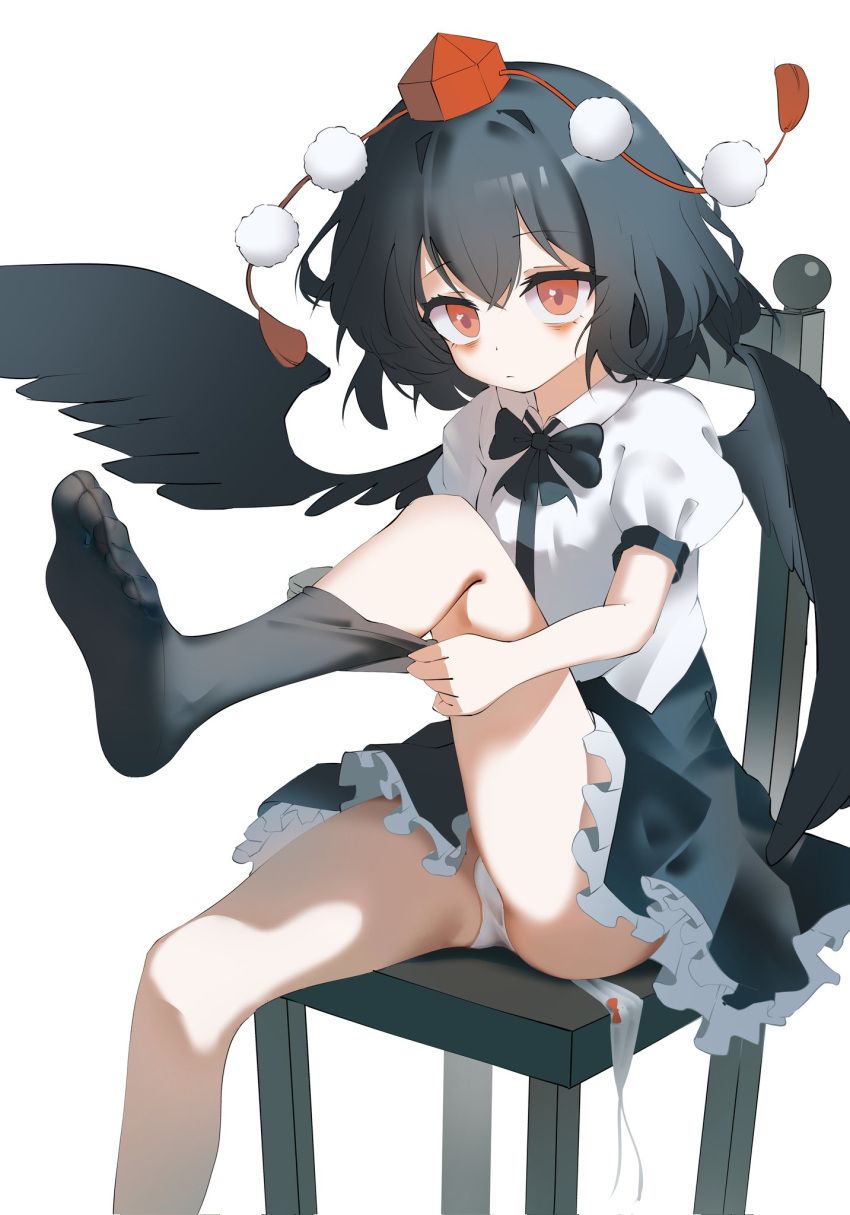 bags_under_eyes bird_wings black_bow black_bowtie black_hair black_skirt black_socks black_wings bow bowtie chair closed_mouth dressing feet female foot_out_of_frame foot_up hair_between_eyes hat highres on_chair panties pantyshot pom_pom_(clothes) puffy_short_sleeves puffy_sleeves red_eyes red_hat shameimaru_aya shirt short_hair short_sleeves simple_background sitting skirt sock_pull socks soles solo toes tokin_hat touhou underwear white_background white_panties white_shirt wings ycl_090