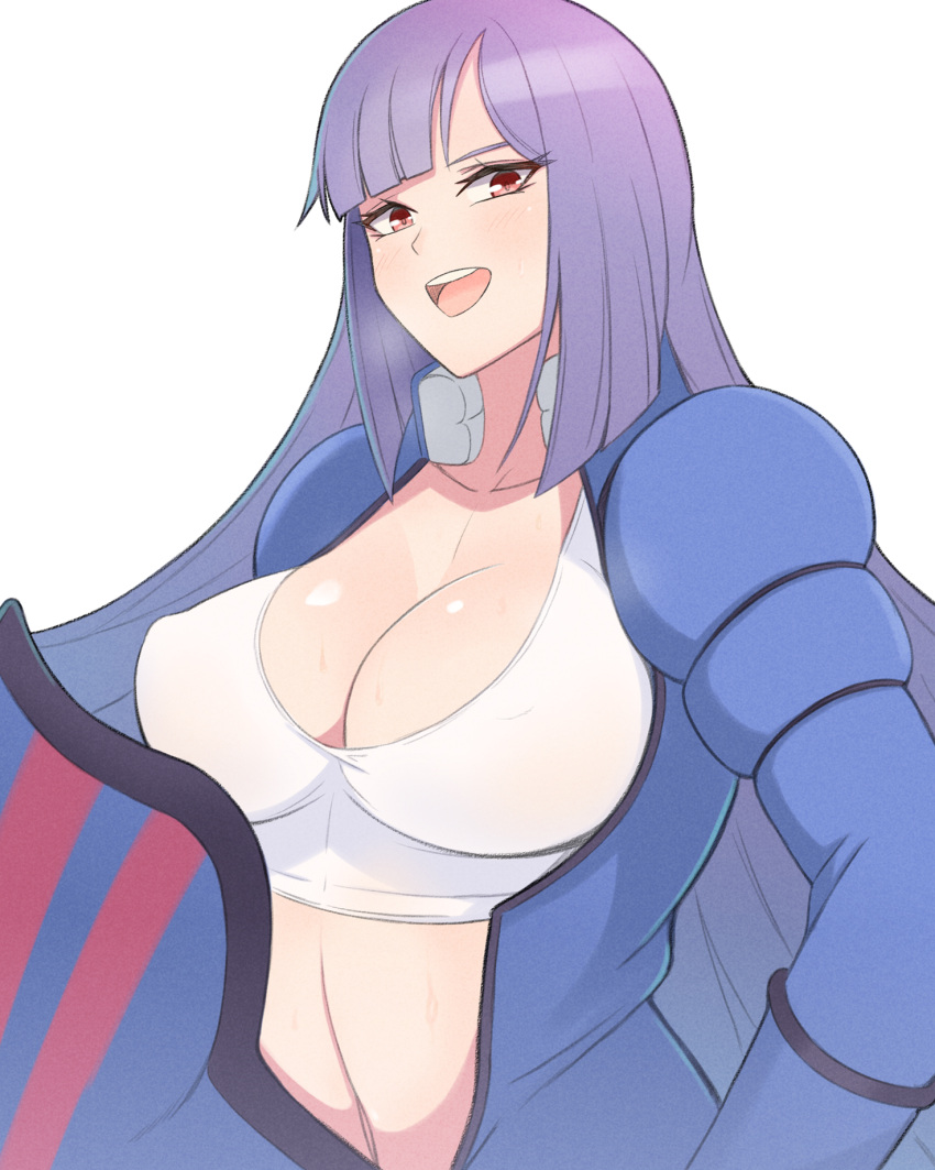 blush bodysuit bra breasts cleavage female gundam gundam_zz highres konishiki_(52siki) large_breasts long_hair looking_at_viewer mecha_pilot_suit navel open_mouth open_suit pilot_suit purple_hair roux_louka smile solo sports_bra underwear upper_body white_bra