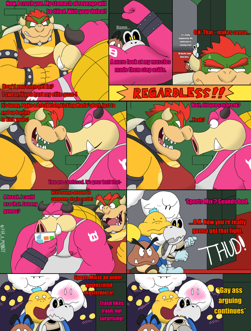 absurd_res anthro armband blush bodily_fluids boo_(mario) bowser chargin'_chuck clothing dialogue dry_bones goomba group ha_a_monkey hair hi_res horn koopa koopa_troopa male mammal mario_and_luigi_(series) mario_bros midbus nintendo overweight overweight_male scalie shell shirt shocked suid suina sus_(pig) sweat sweatdrop text topwear tusks undershirt