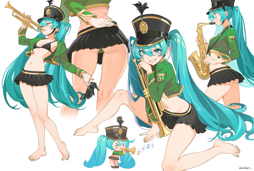 aqua_eyes aqua_hair artist_name barefoot black_hat black_skirt clenched_teeth destination_calabria dnaitari female full_body hair_between_eyes hat hatsune_miku highres long_hair looking_at_viewer looking_up multiple_views nail_polish navel sidelocks simple_background skirt smile teeth toenail_polish toenails toes twintails vocaloid white_background