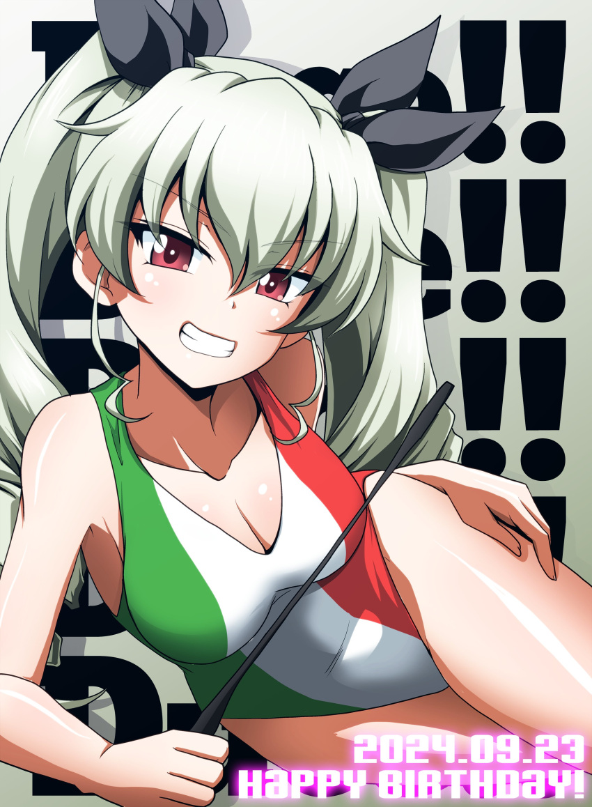 absurdres anchovy_(girls_und_panzer) birthday breasts cleavage drill_hair female girls_und_panzer grin hair_between_eyes happy_birthday highres kamishima_kanon large_breasts long_hair one-piece_swimsuit red_eyes riding_crop smile swimsuit teeth twin_drills twintails